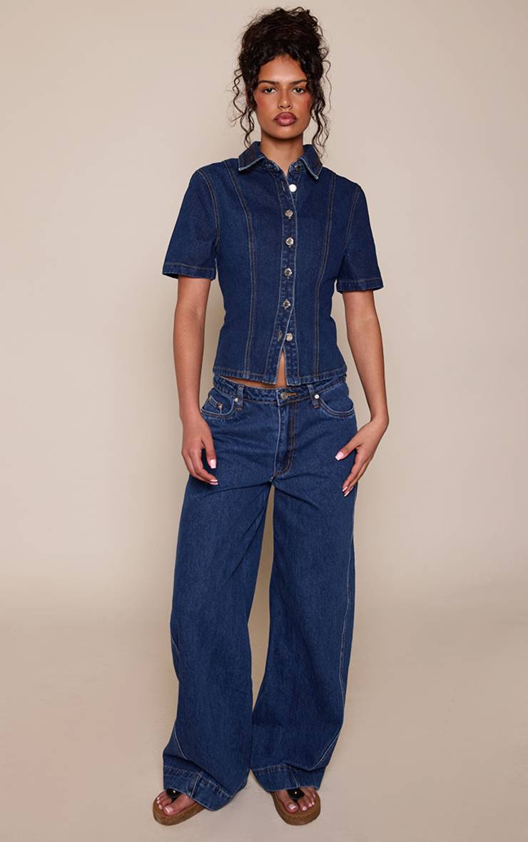 Bleu Indigo Chemise En Jean À Manches Courtes Boutonnée