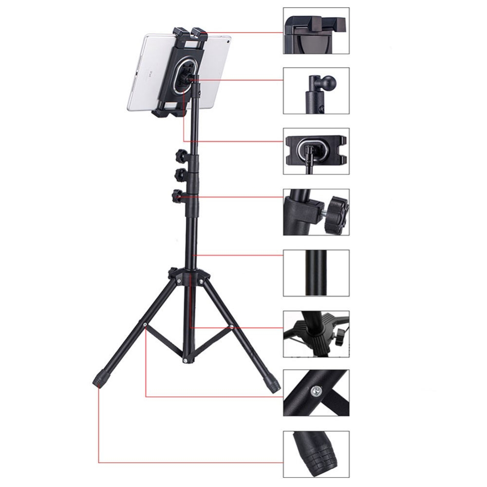 (136cm) 360° Universal Aluminium Tripod Stativ Halterung für Handys / Tablets (Breite 13.5-22.5cm) - Schwarz