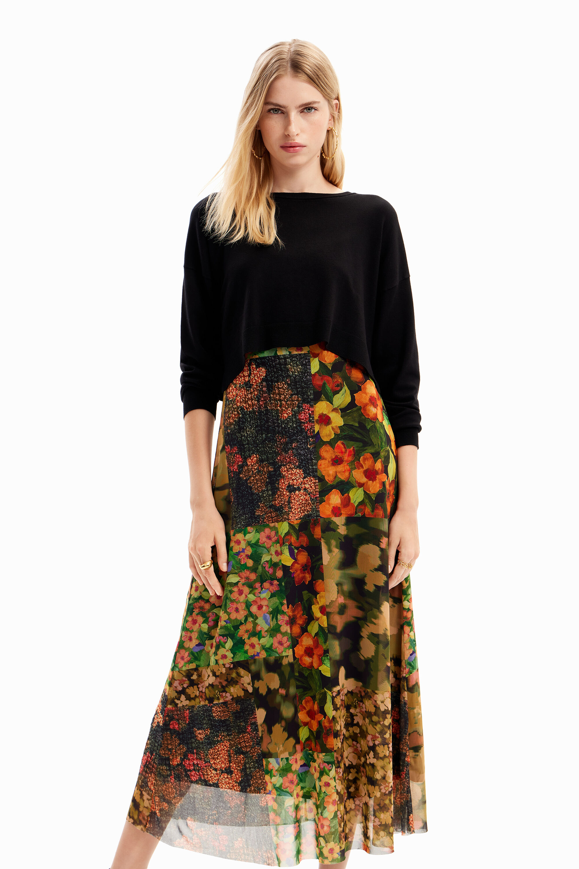 Vestido midi com patchwork 2 em 1