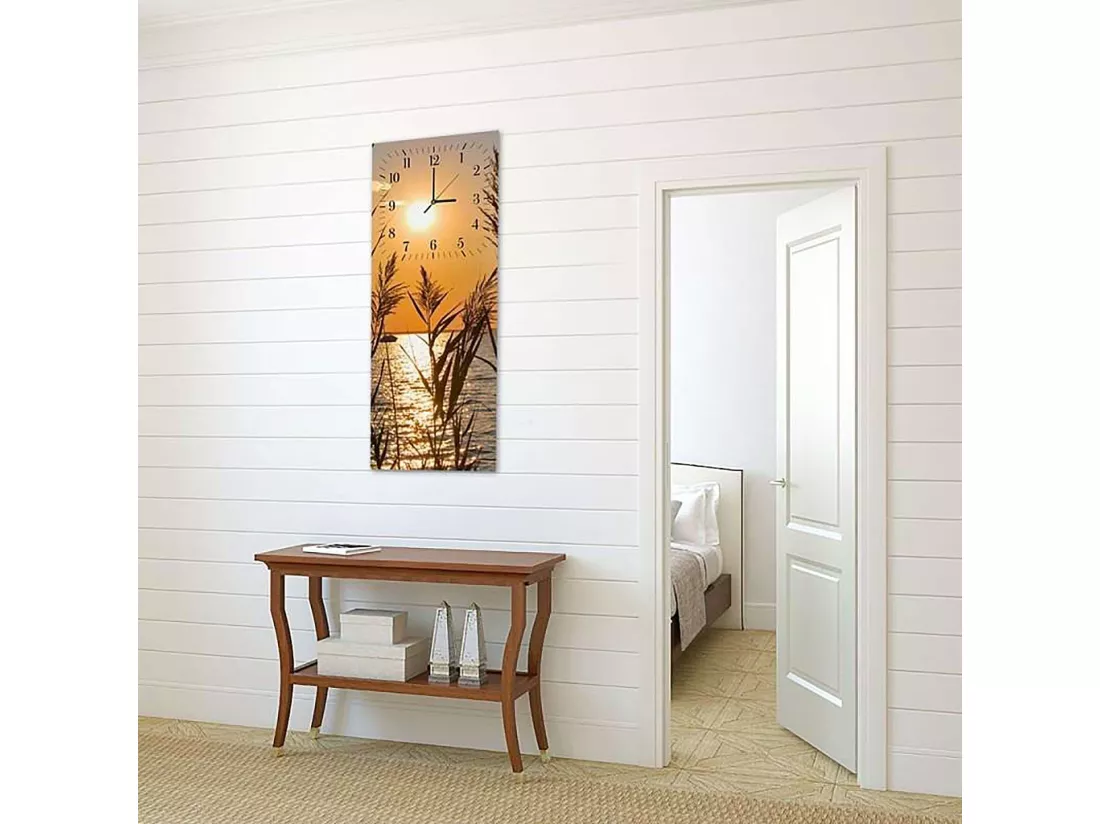 Horloge Murale Paysage Soleil Couchant Silhouette Herbes - 25 x 65 cm