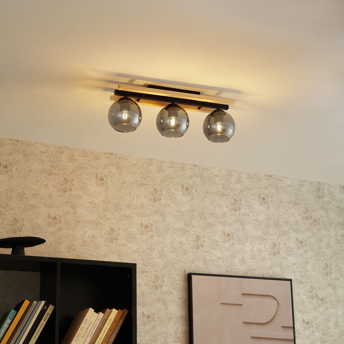 Moderne plafondlamp zwart met hout en smoke glas 3-lichts - Aleks