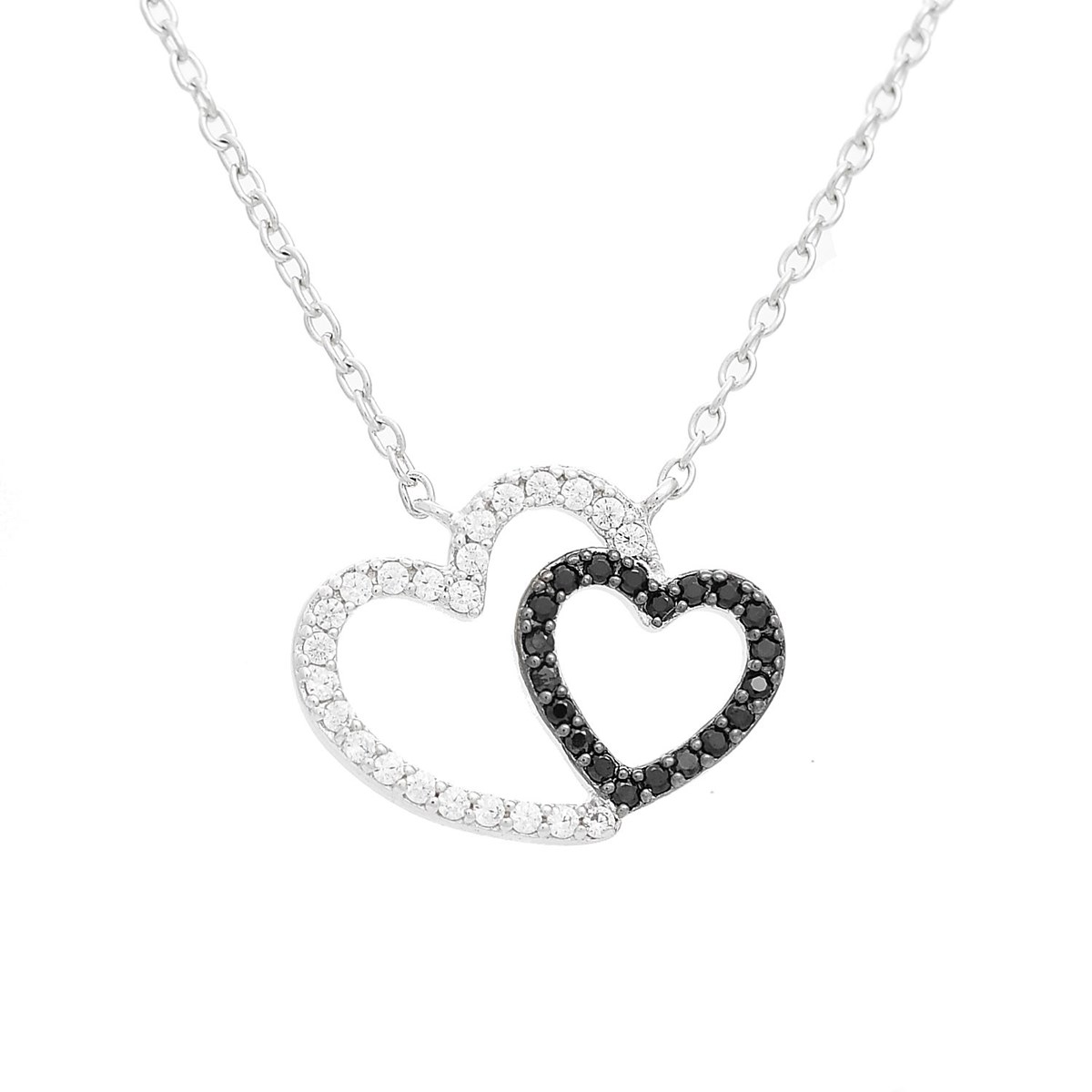 Collier 2 coeurs oxyde de zirconium blancs et noirs Argent 925 Rhodié