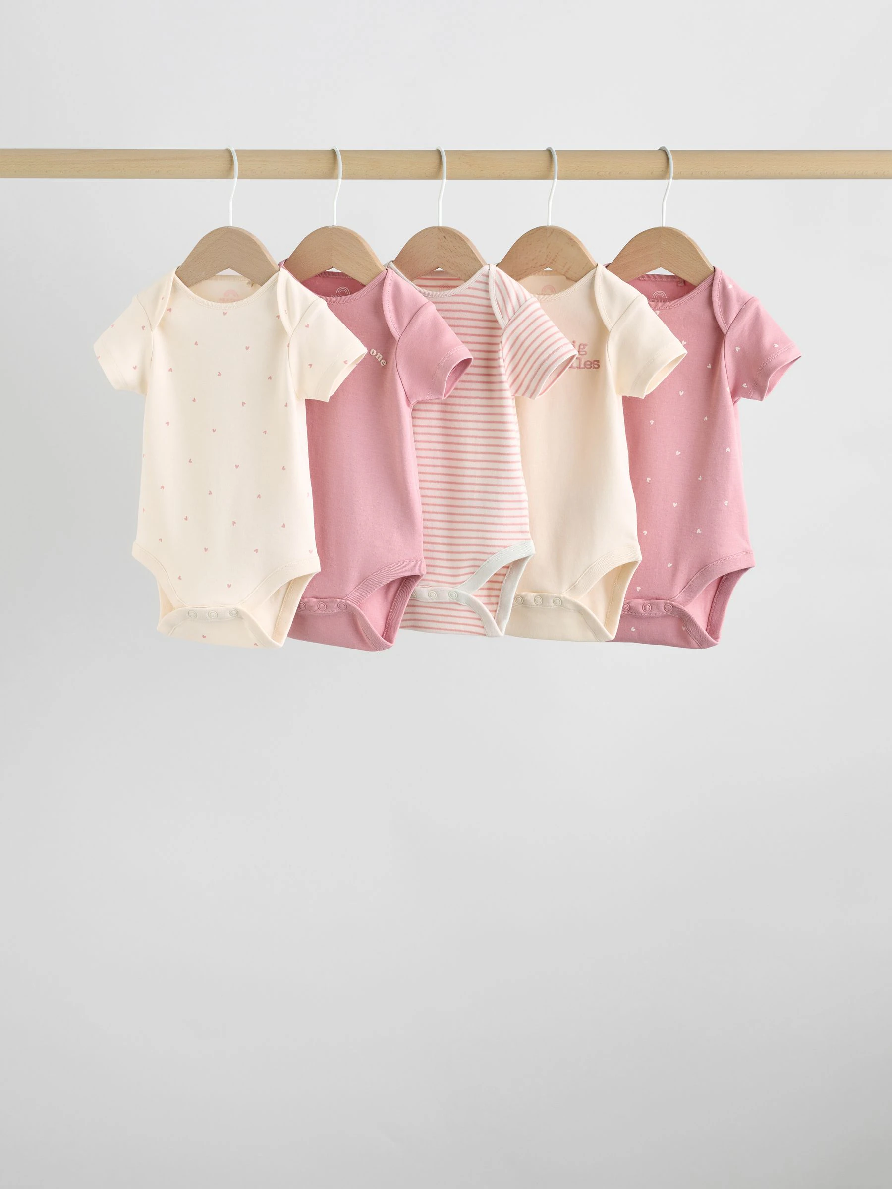Roze met hartjesprint - Set van 5 babyrompertjes met korte mouwen