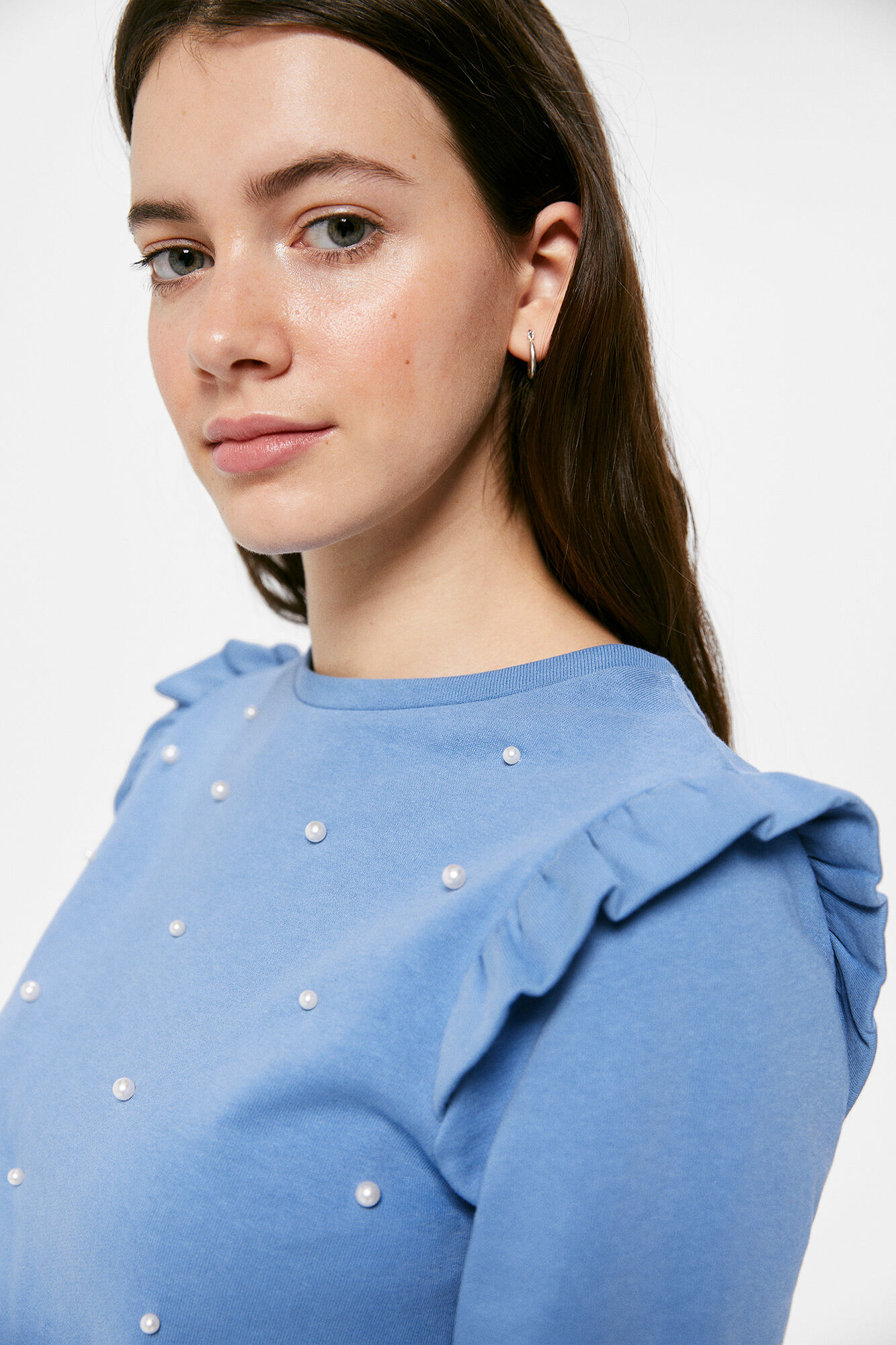 Blusa de moletom com babados e pérolas - Azul índigo