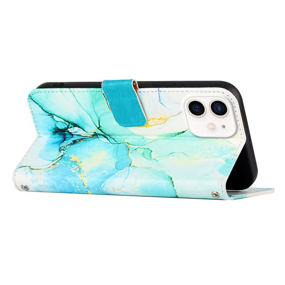 iPhone 12 / iPhone 12 Pro Leder Tasche mit Kartenfach   Handschlaufe Marble Marmor - Grün / Blau