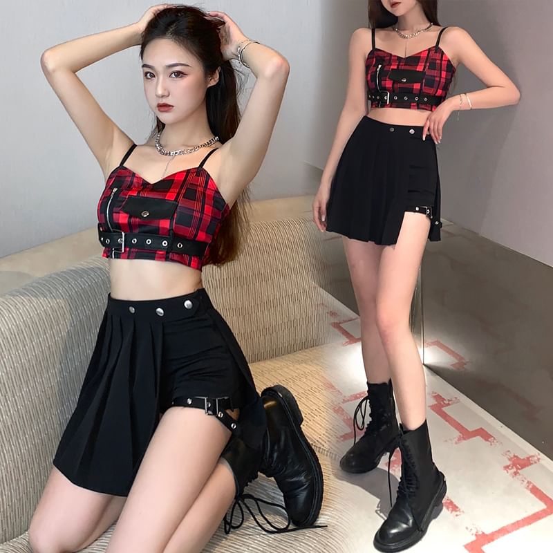 RONIN - Geruite crop top met riem / Hoge taille, effen geplooide nep-tweedelige mini-A-lijn skort