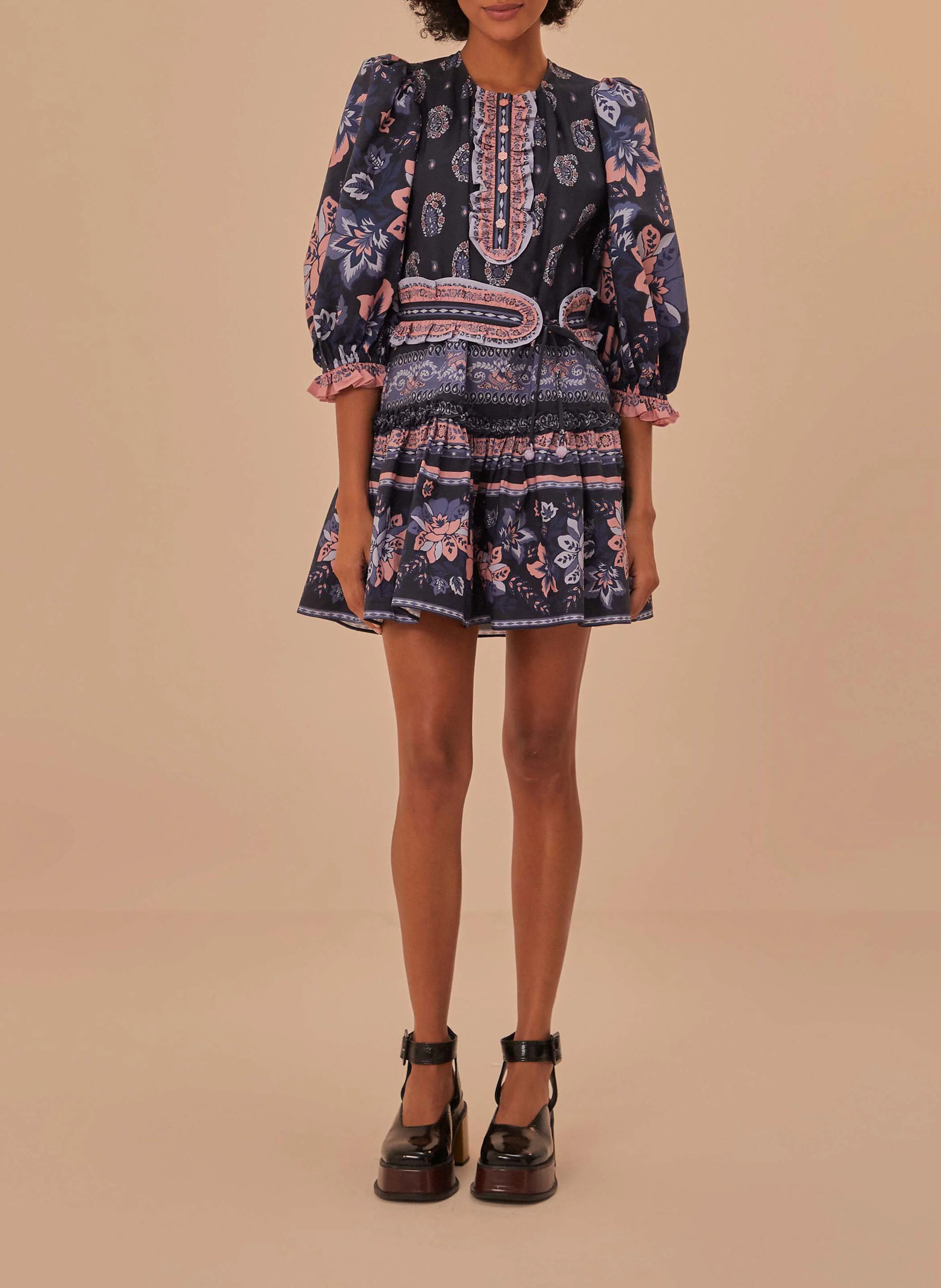 Robe courte en coton imprimé | Bleu
