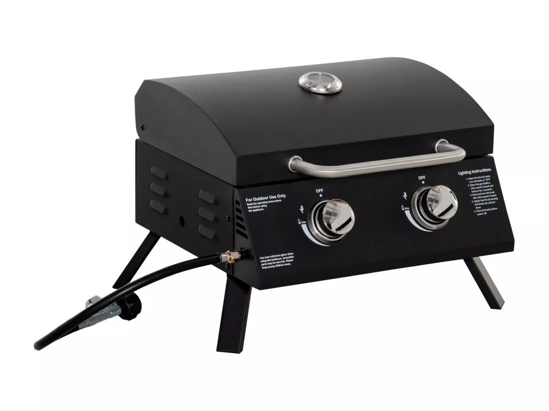 Barbecue gaz de table transportable pieds pliables - 2 brûleurs 5 kW - barbecue gaz de camping - grille de cuisson, réceptacle graisse, thermomètre - acier noir