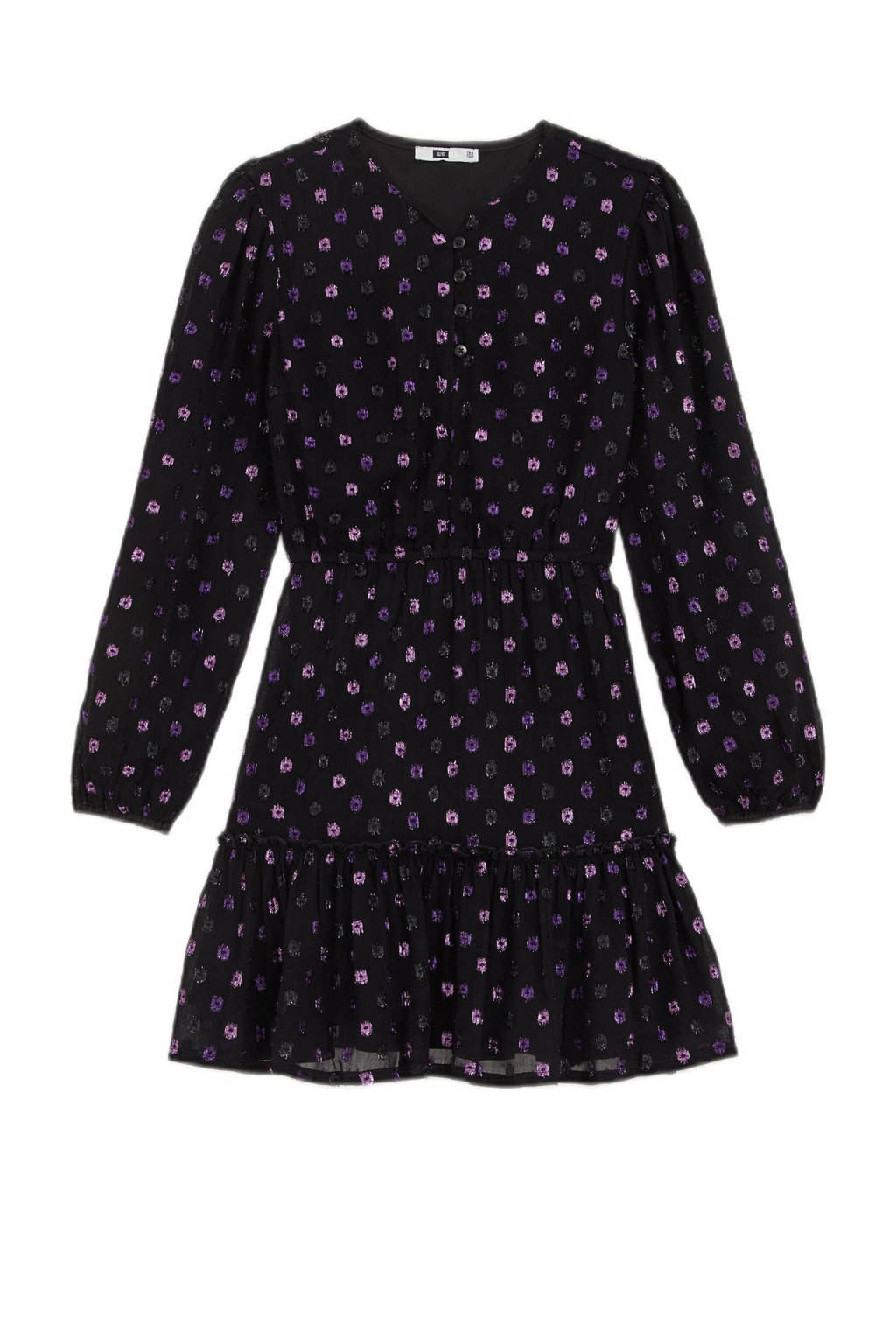 WE Fashion blousejurk met stippen en glitters zwart/paars