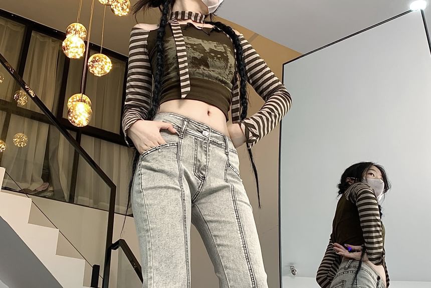 RONIN - Mid Waist Slit Fringed Washed Flared Jeans