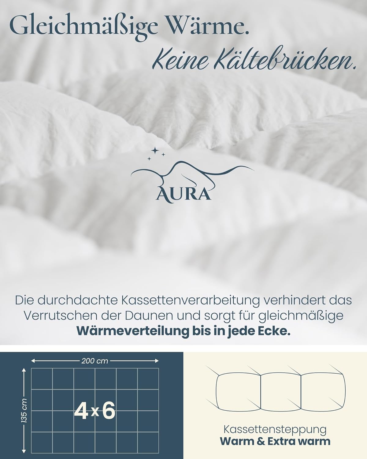 Aura® Luxus Daunendecke 135x200 cm extra warm | Premium 90% weiße Daunen ungarische Klasse I | Oeko-TEX® Standard 100 | Allergikergeeignet Winter Bettdecke