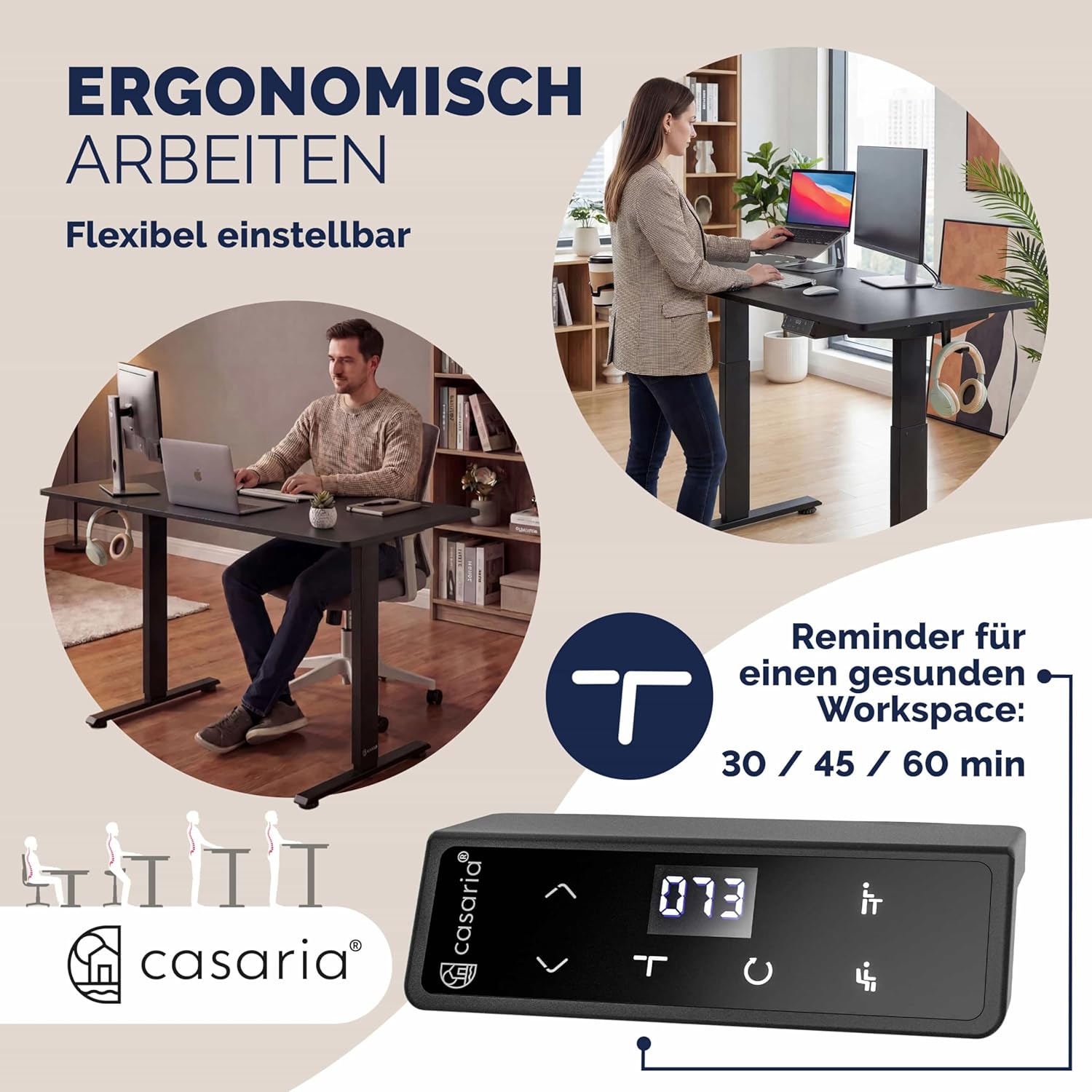 Casaria® Höhenverstellbarer Schreibtisch elektrisch 160 x 70 cm mit Wireless Charger & USB-C/A Anschluss LCD-Display Memory-Funktion 80 kg belastbar ergonomisch Schwarz