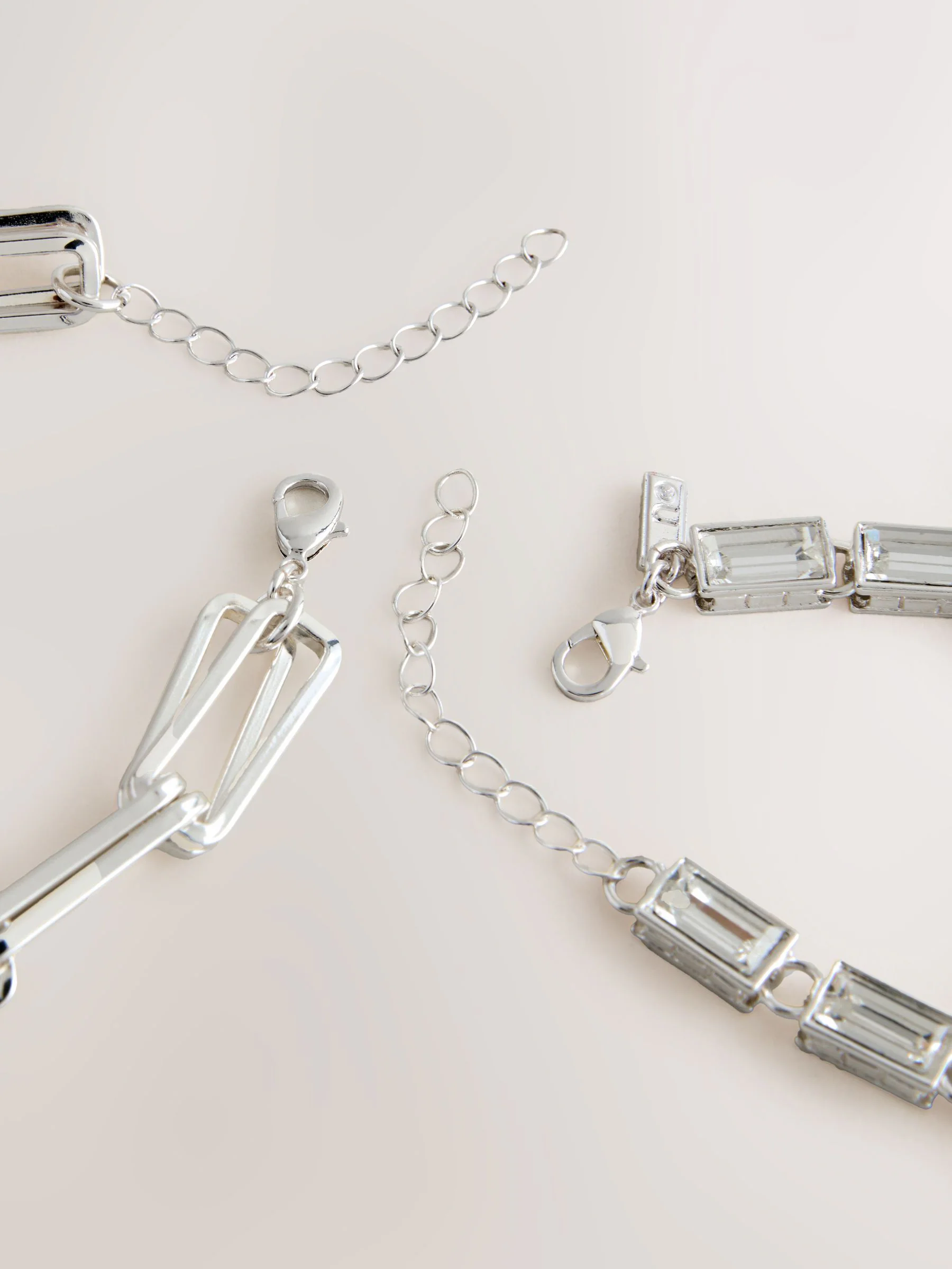 Zilverkleurig - Link Chain And Baguette Glass Stone Bracelets Pack