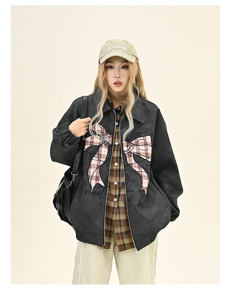 Iduna - Oversized bomberjack met kraag, strik en rits