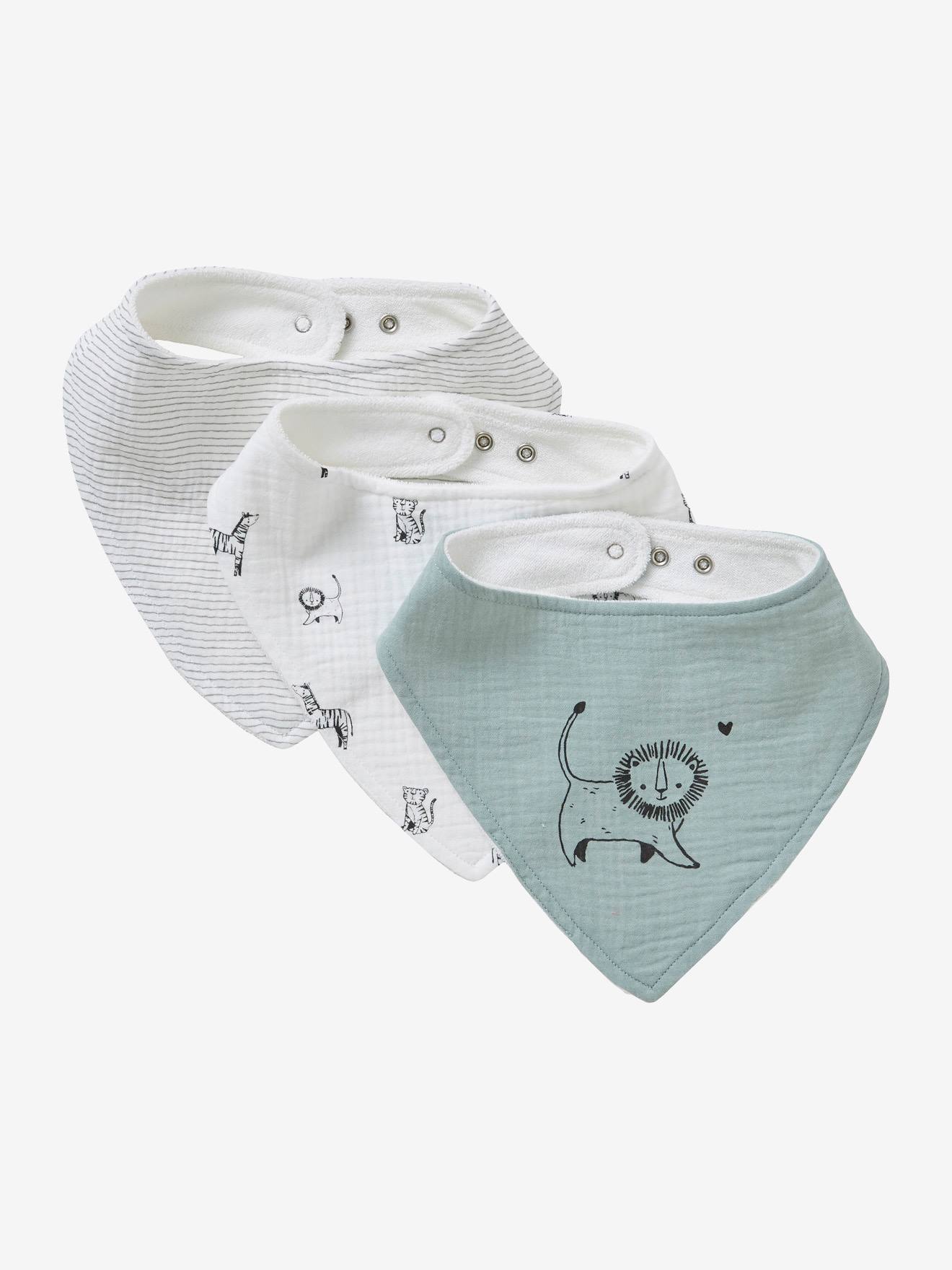 3 babadores bandana lisos em chiffon de algodão verde claro com estampas