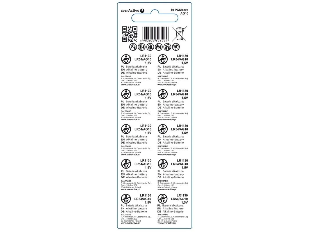 Everactive EVAG10, Engangsbatteri, LR1130, Alkaline, 1,5 V, CE-mærket, 10 stk.