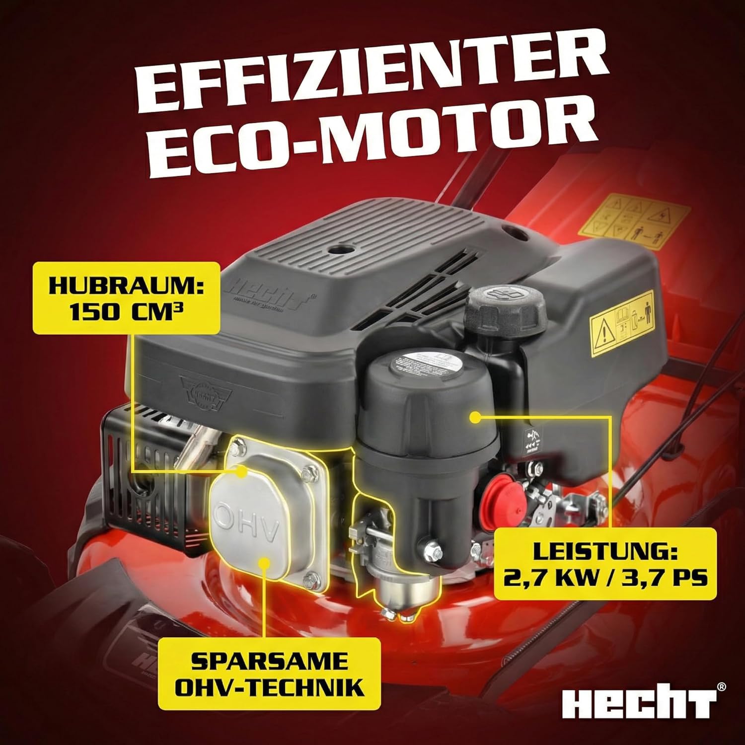 HECHT 5IN1 Rasenmäher Benzin – Bequemer Selbstantrieb - Für Flächen bis 1000 m² - Starker 4 Takt Motor mit 46 cm Schnittbreite – Radantrieb – Mulchfunktion – Seitenauswurf - Rasenmäher Benzin