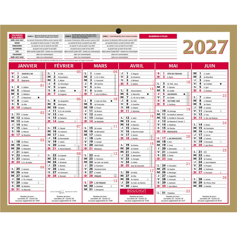 Calendrier semestriel mural 2027 - Or - 21 x 26,5 cm