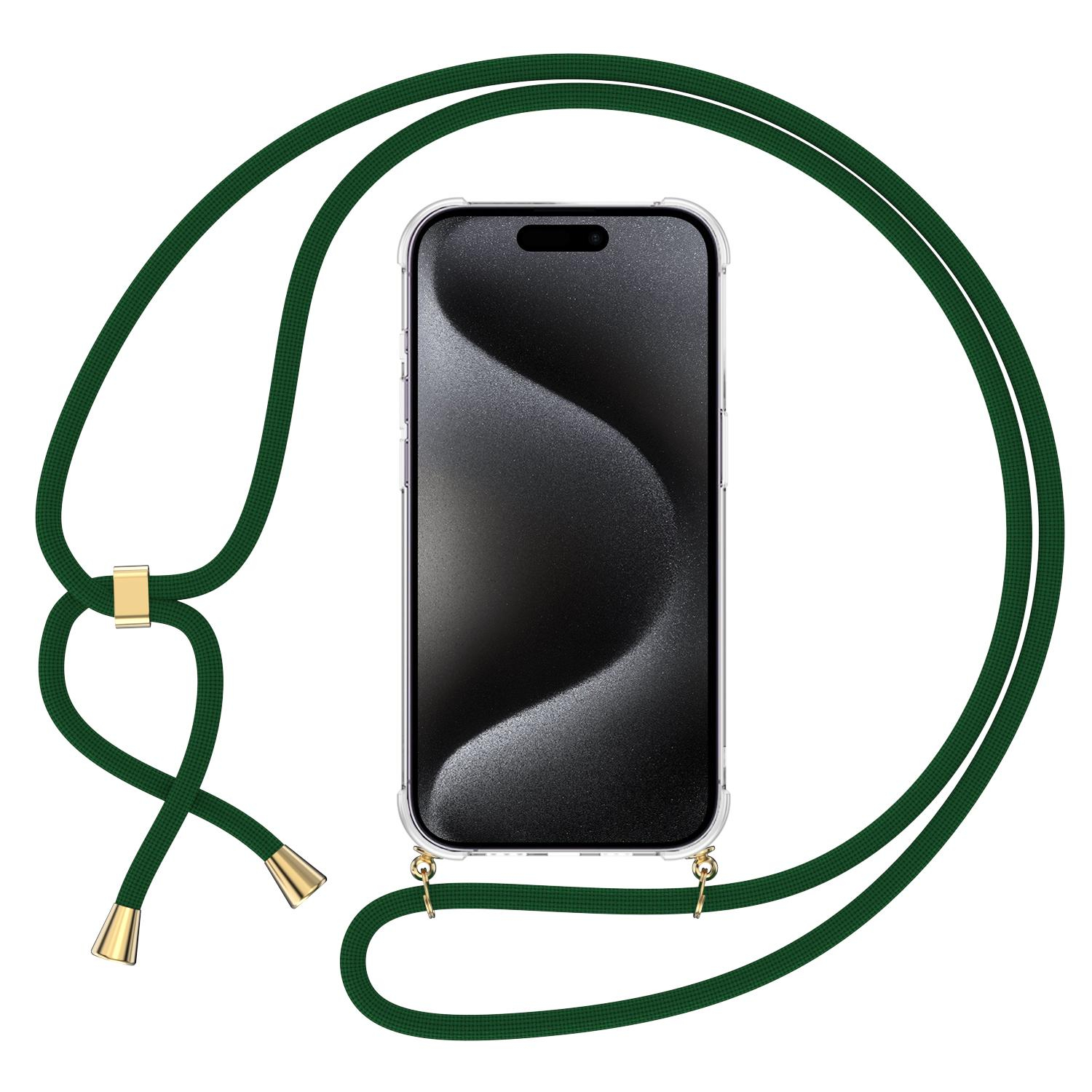 iPhone 15 Pro Necklace Gummi Hülle Air Cushion Fallschutz   Handykette (150cm) - Dunkelgrün / Gold