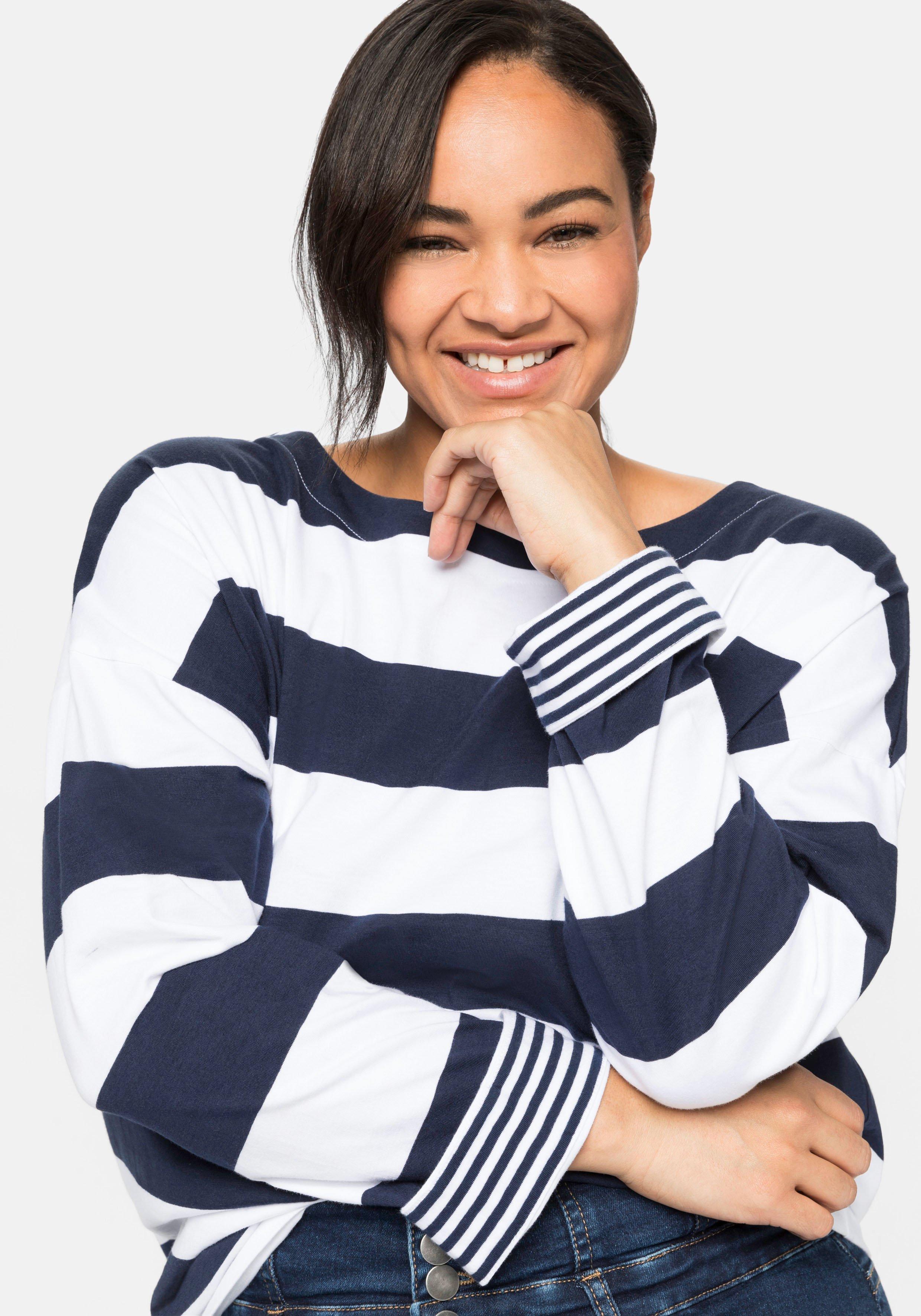 Langarmshirt mit Blockstreifen und U-Boot-Ausschnitt