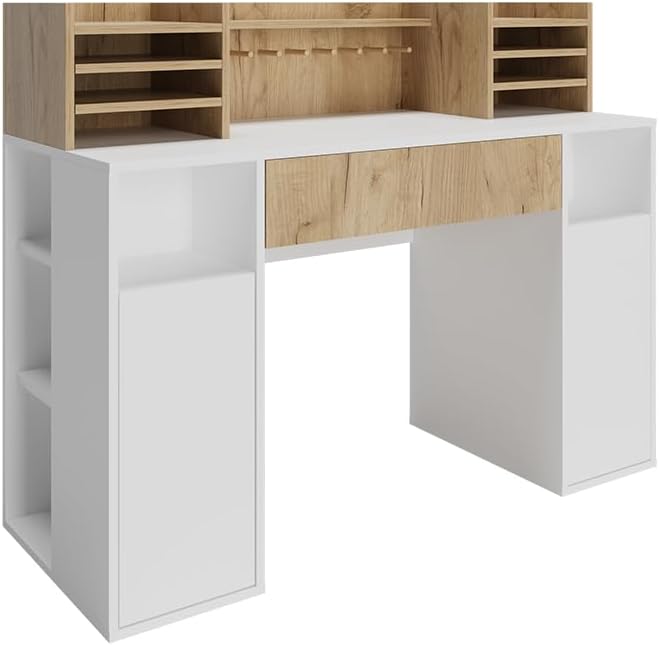 Vicco Schreibtisch, Weiß/Sonoma, 126.8 x 50 cm XL mit Regale, geeignet als Arbeitsplatz mit Kabeldurchlass und Ablagefläche