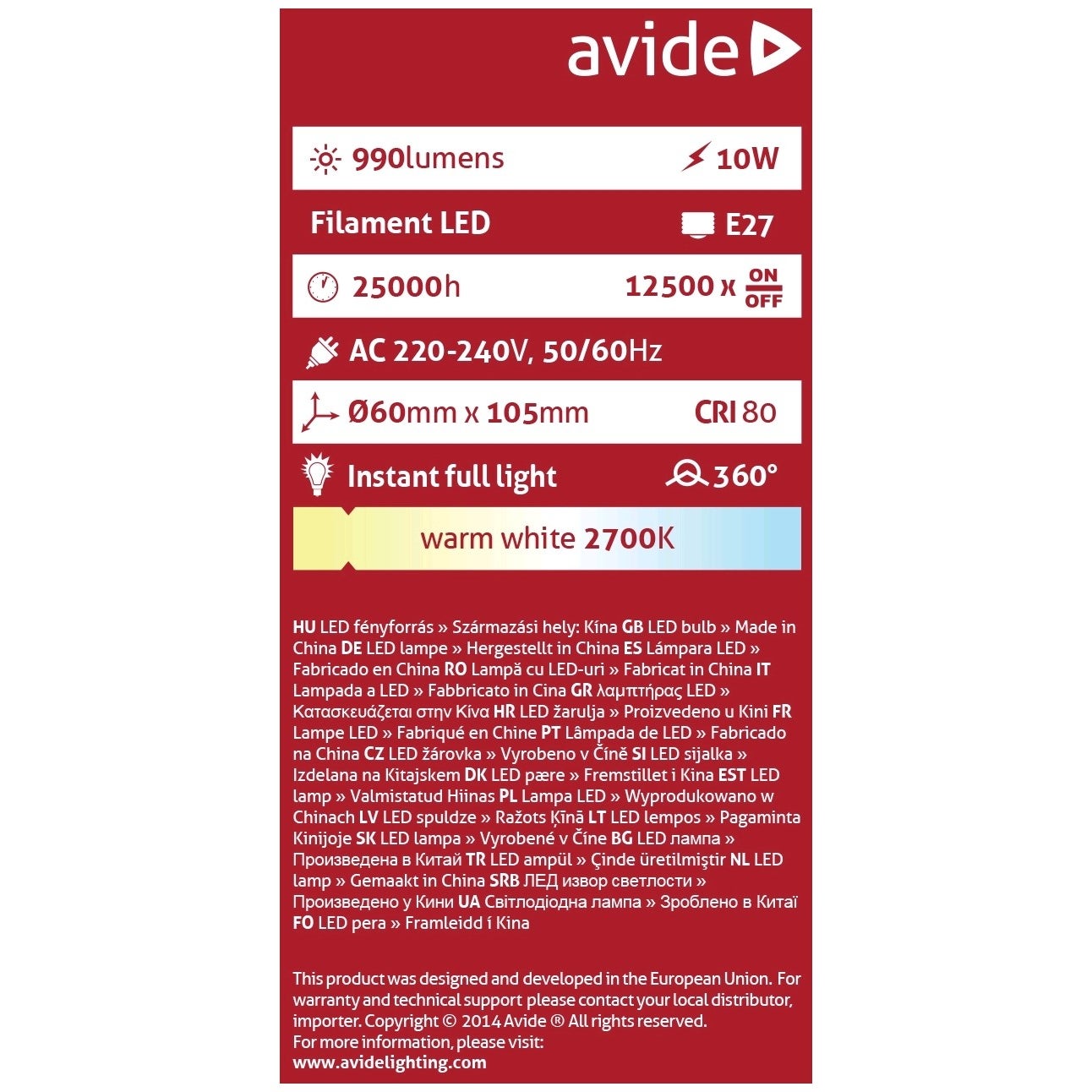 Avide LED Filament Bulb 10W E27 360 WW 2700k