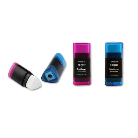 Rheitax Anspitzer mit Radiergummi in Dreikantform, 2 Stück je 1x blau und lila