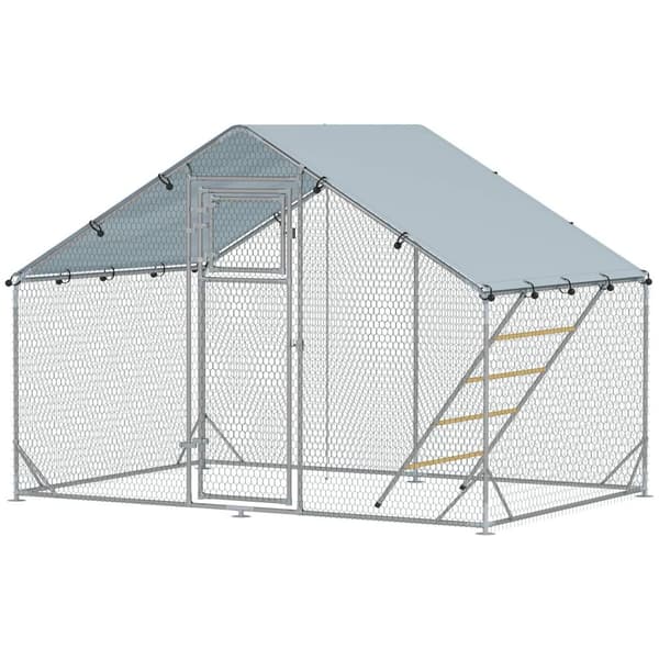 Hønsehus frittgående innhegning av stål, 300 x 200 x 195 cm kyllingbur med UV-bestandig deksel, fôringsdør, hengende fôring, abbor, hønseinnhegning fo