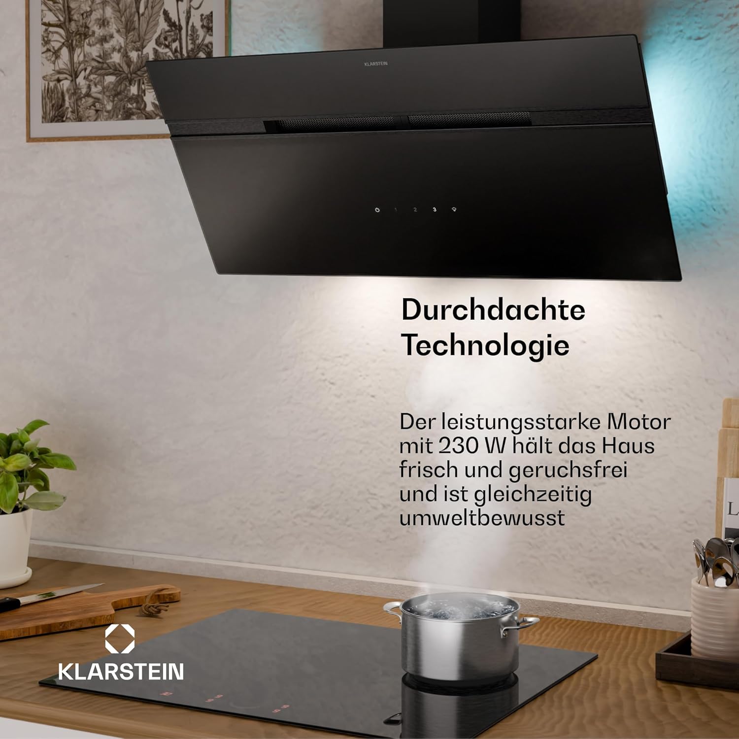 Klarstein Dunstabzugshaube Alina - 90-cm-Wandhaube, 615 m³/h Luftstrom, Energieeffizienzklasse A, LED-Beleuchtung in 9 Farben, Touch-Bedienfeld, Umluftbetrieb, Schwarz
