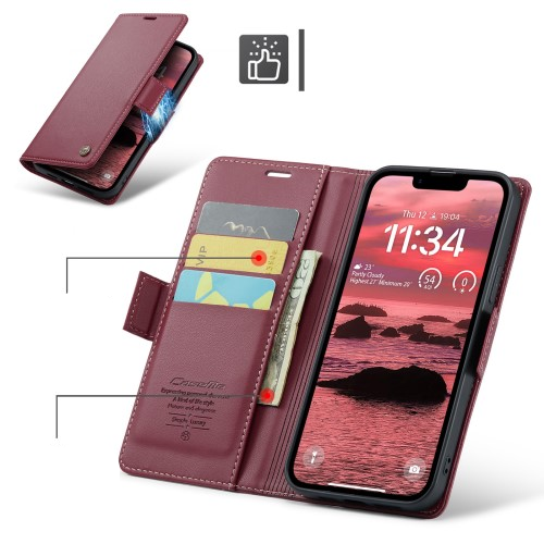 iPhone 16e Leder Tasche Flip Wallet Etui mit Kartenfächern Litchi Look (RFID Schutz) - Rot