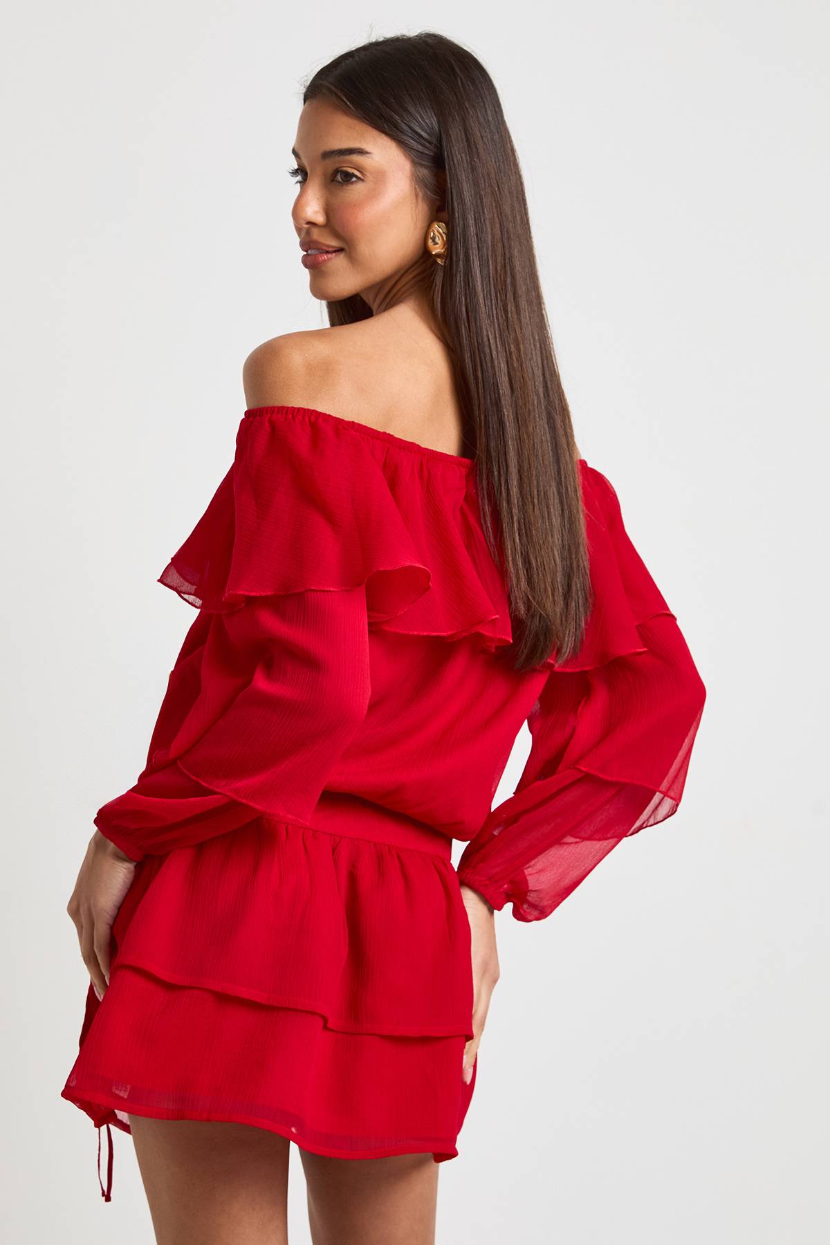 boohoo Mini-jupe en Mousseline à Volants avec Liens Latéraux