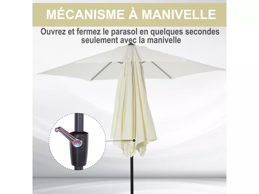 Parasol inclinable de jardin balcon terrasse manivelle toile polyester imperméabilisée haute densité 180 g/m² Ø2,7 x 2,35H m alu crème