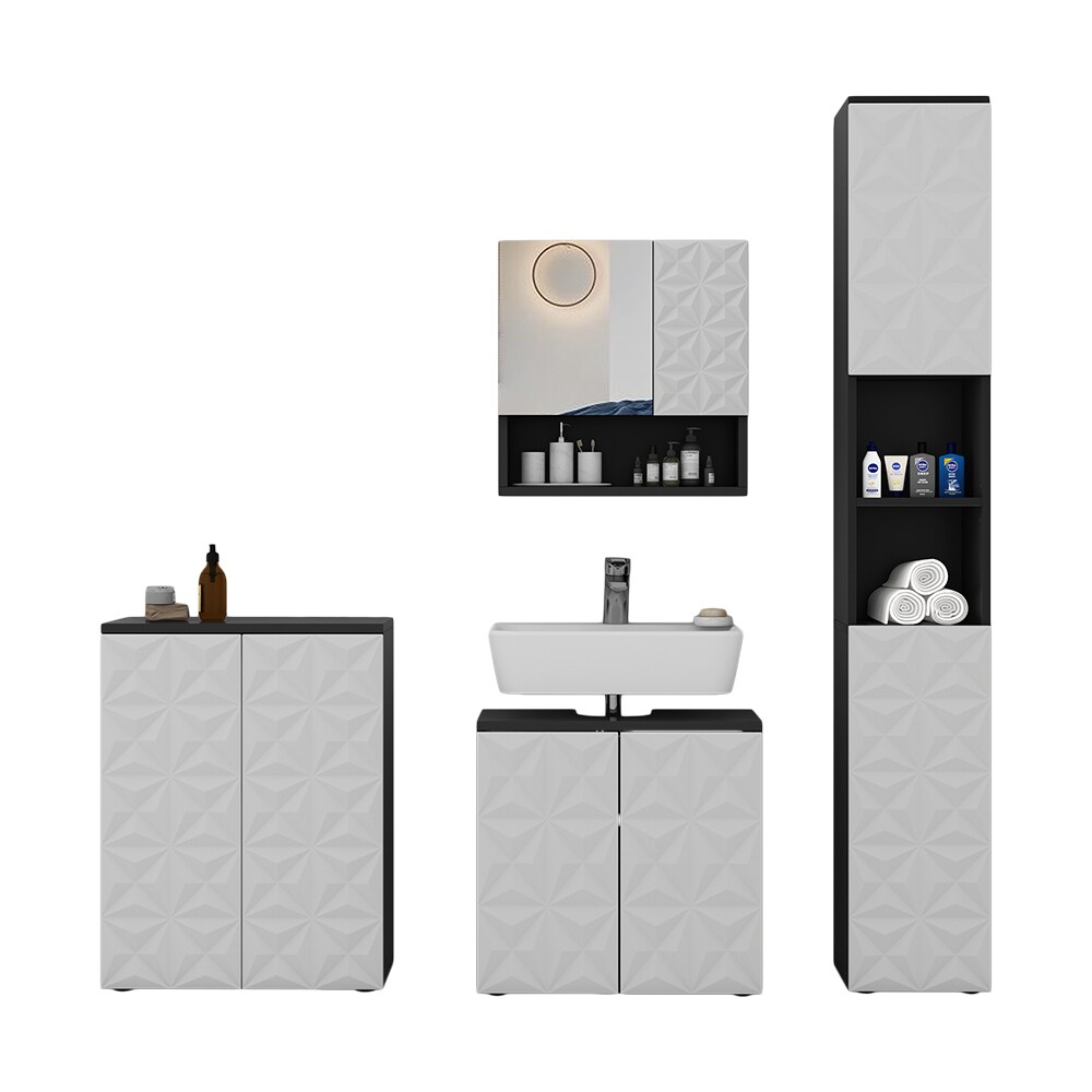 Vicco Badmöbel-Set Badezimmer-Möbel Bad-Schrank Edge Schwarz Weiß modern Badezimmerschrank Waschbeckenunterschrank Spiegelschrank Hochschrank Badezimmerkommode