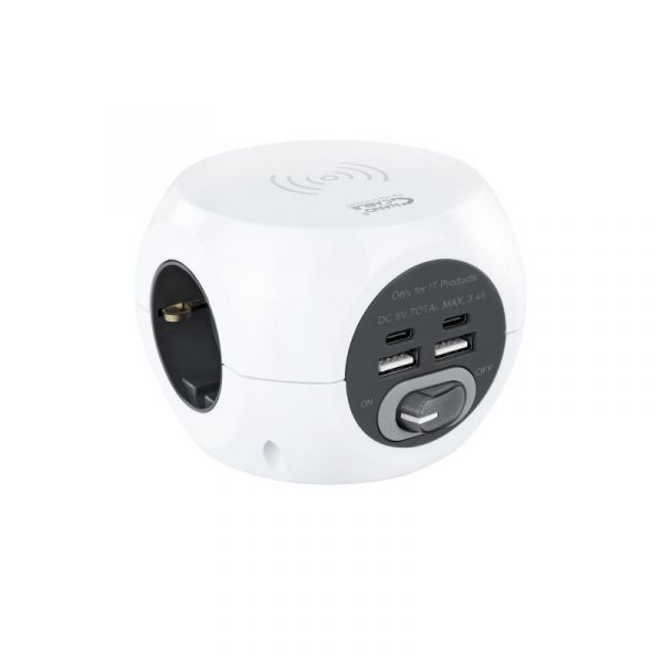 Nanocable Bloco de 3 Tomadas com 2x usb   2x Type-c   Wireless Charger Branco