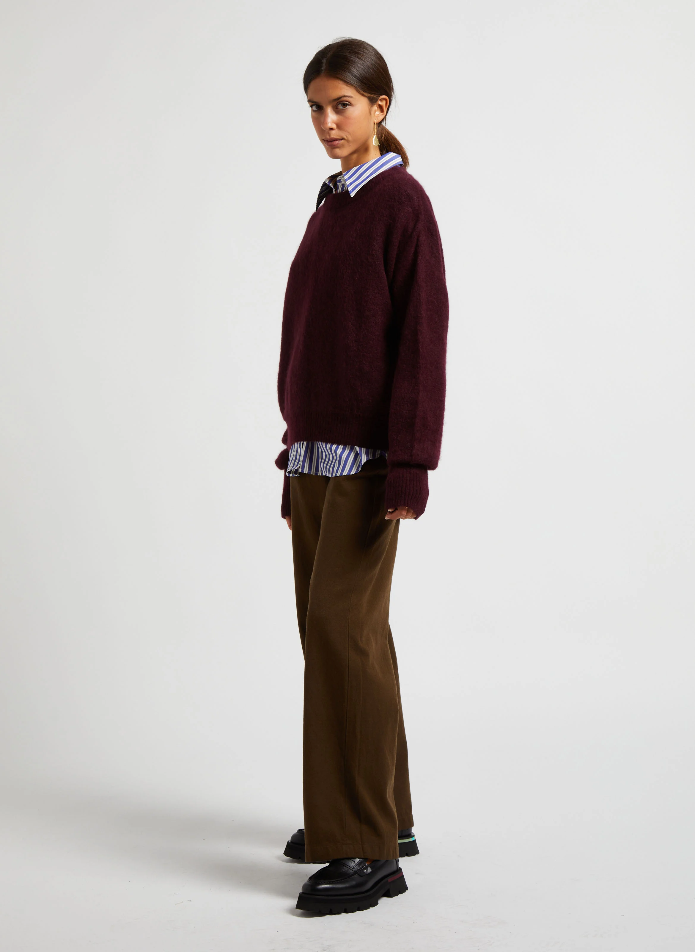 Pantalon large en laine et coton| Vert
