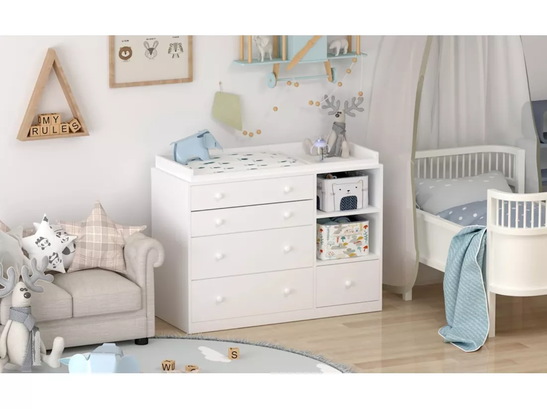 Commode à Langer chambre bébé avec 5 tiroirs et compartiment 120x50x91.5cm Blanche