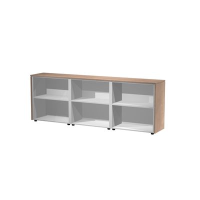 Armoire basse triple Flora - L243xP43xH81,4 cm - 4 portes mélaminés + 2 portes vitrées - 3 étagères - merisier arabis