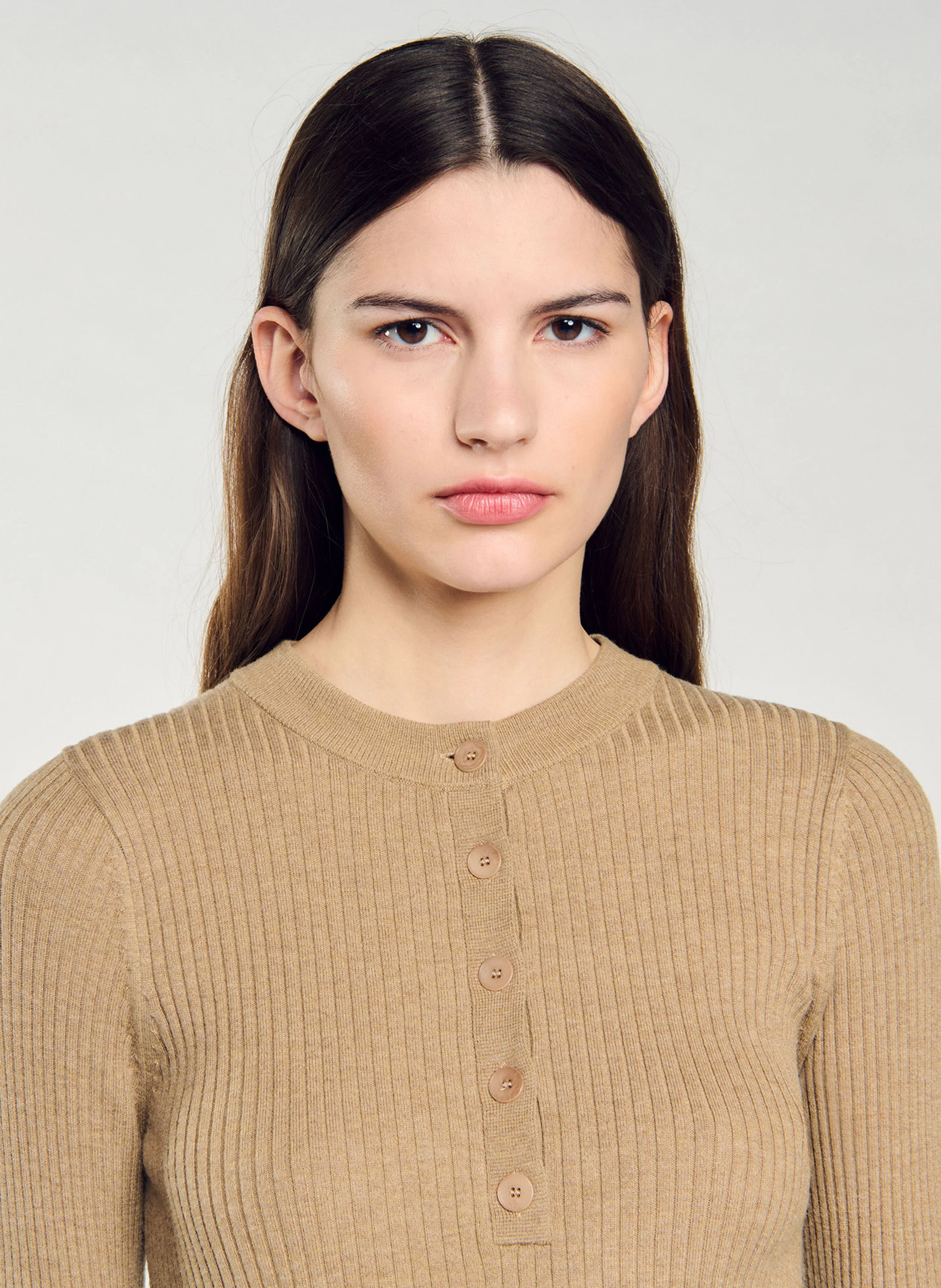 Pull col rond en maille côtelée | Kaki