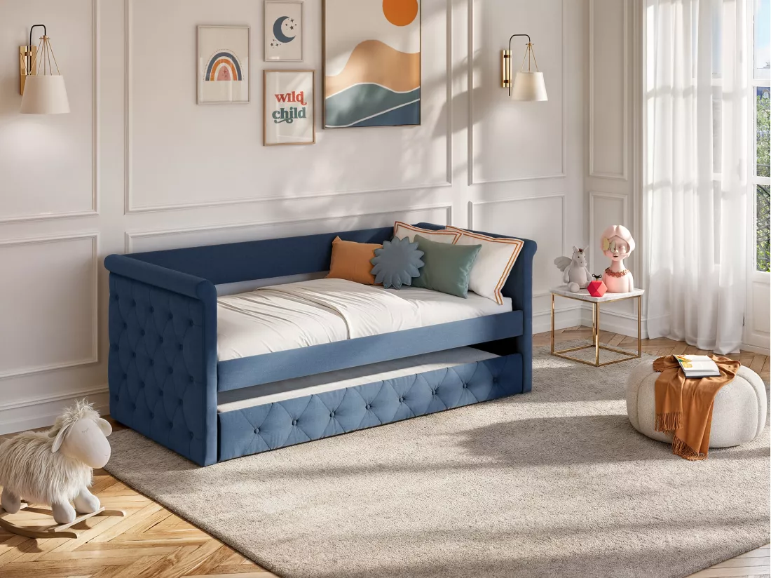 Lit banquette gigogne capitonné LOUISE - 2x90x190cm - tissu bleu