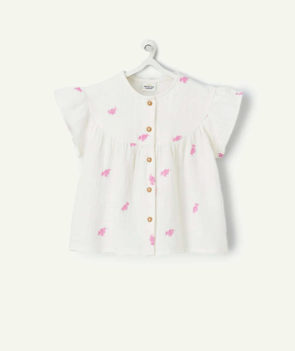 blouse bébé fille en gaze de coton blanche avec broderies violettes