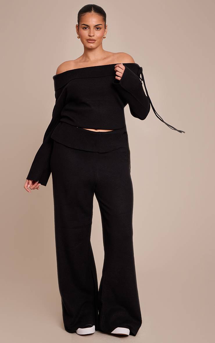 Noir Haut Grande Taille En Maille Col Bardot Avec Détail Nœud Rabattu