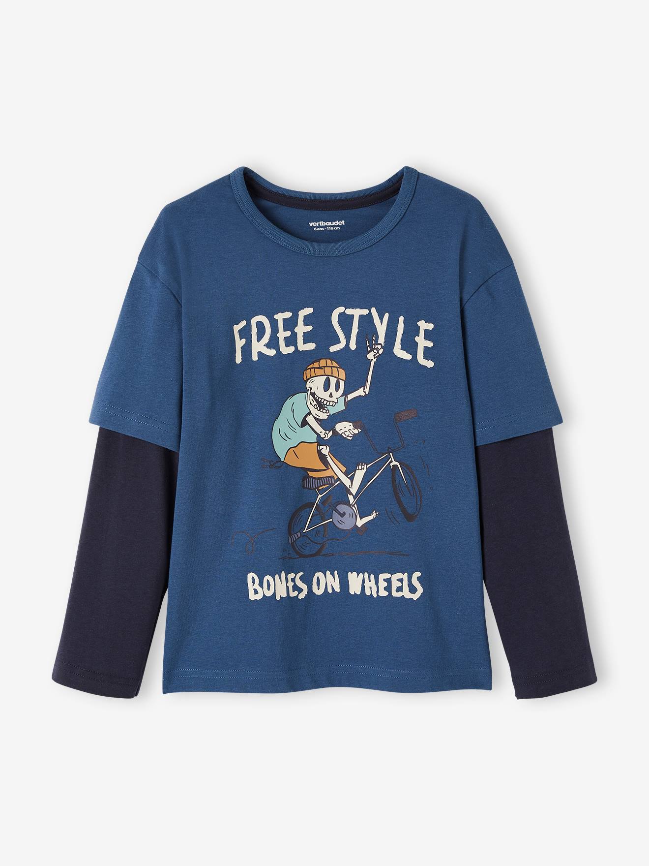 Camiseta 2 em 1, lisa, azul-escura, com estampas de menino.