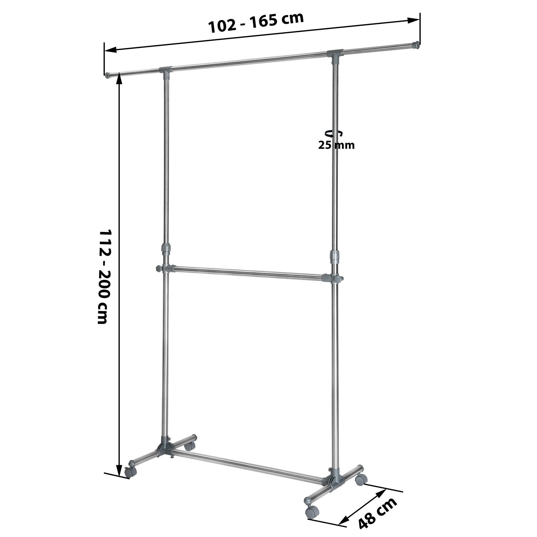 tectake® Kleiderständer, auf Rollen mit 2 Festellbremsen, obere Stange ausziehbar, 102 - 165 x 48 x 112 - 200 cm