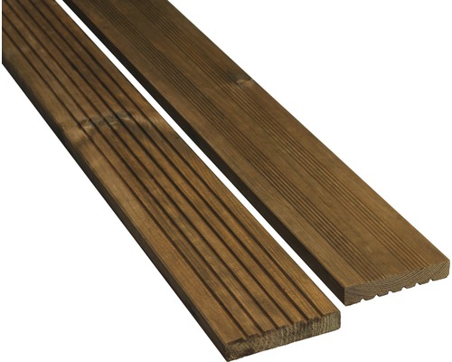 Vlonderplank van grenenhout, drukgeïmpregneerd, massief profiel, gegroefd/messing en groef, 28x145x3000 mm, donkerbruin