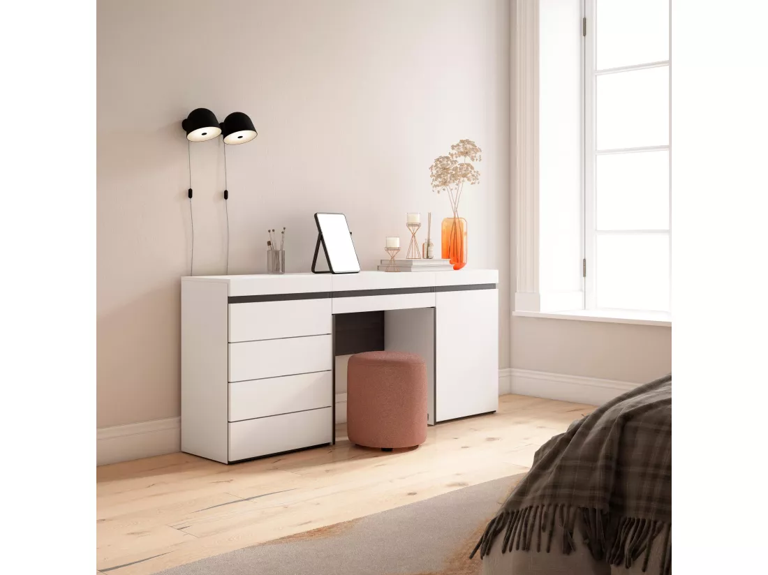 Coiffeuse, 177x35x75 cm, Avec tiroir, Commode, Buffet, Blanc