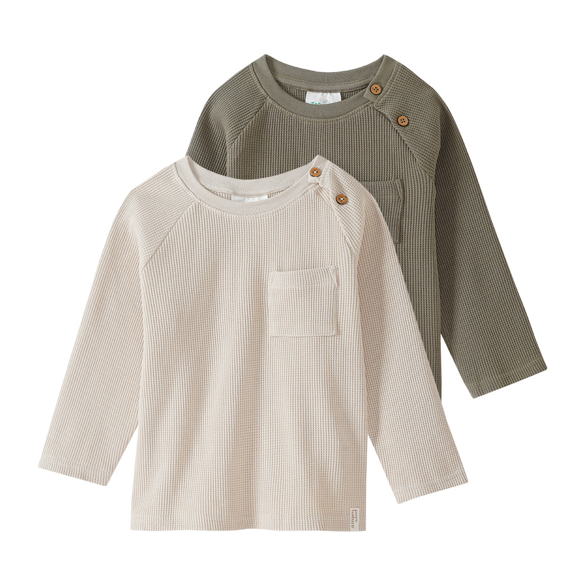Topomini Pure Collection 2 Baby Langarmshirts aus Waffel-Piqué oliv / hellbeige