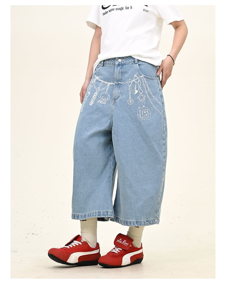 Iduna - Mid Rise Cartoon Print Washed Jorts