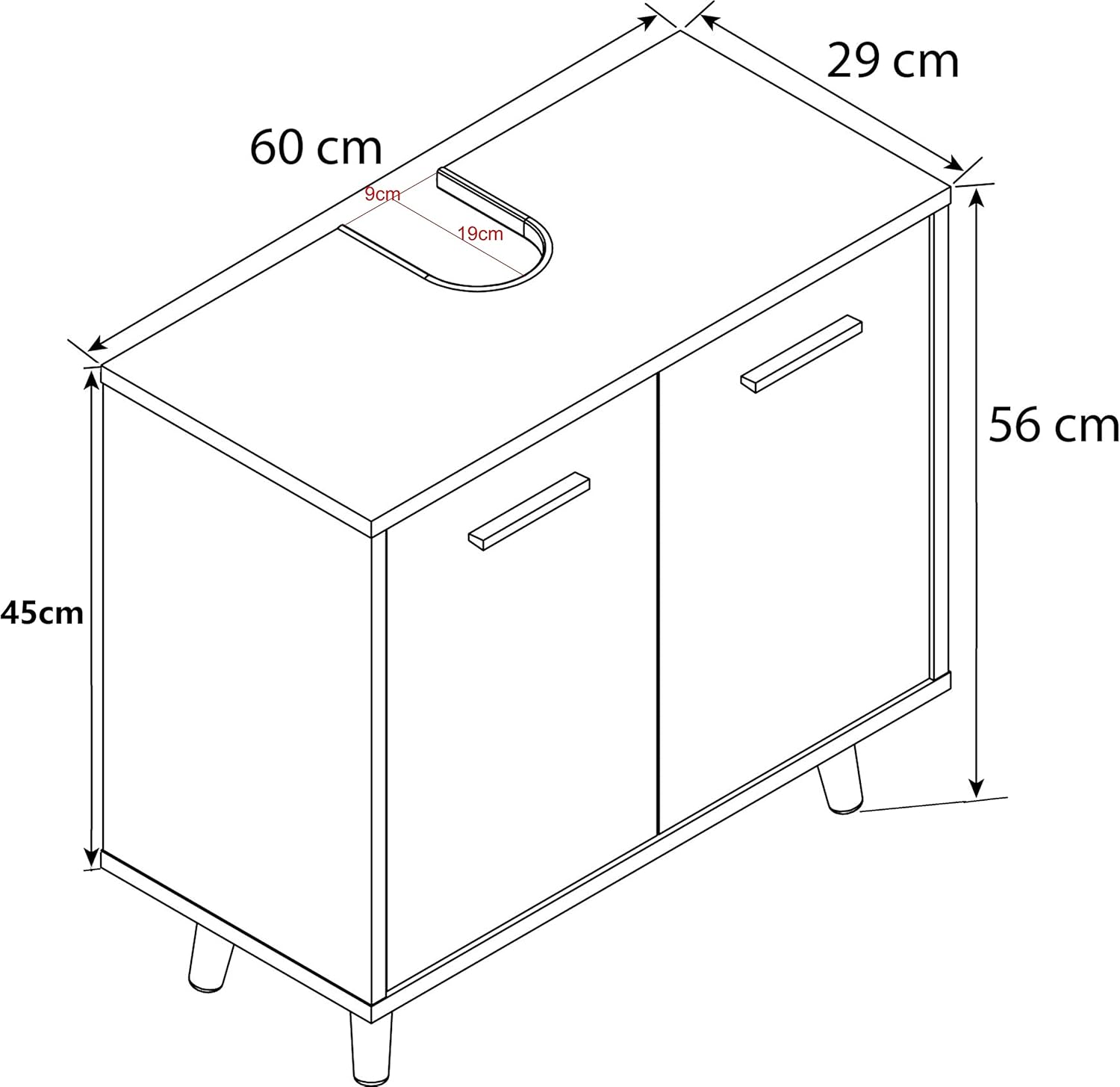 VCM Holz Waschbeckenunterschrank | Badschrank | Maße: H. 56 x B. 60 x T. 28 cm | 2 große Drehtüren - Landos