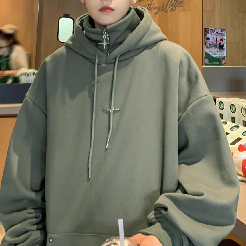 Cowpow - Hoodie met opstaande kraag en tweedelige effen sterrenaccenten en halve rits