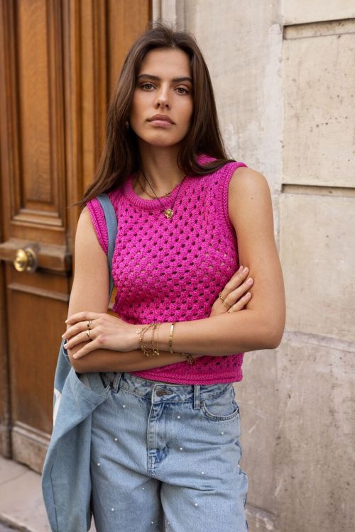 Roze open gebreide spencer